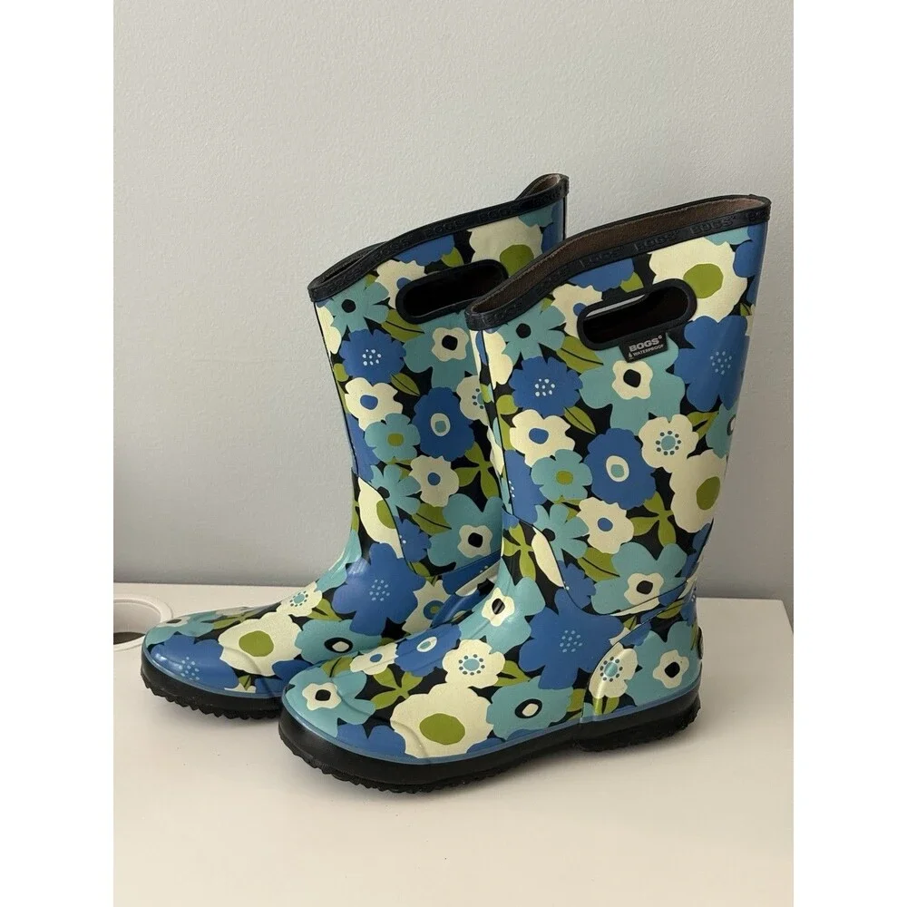Bogs Rain Boots Blue Spring Flower Rubber Waterproof Gardening Women's Size 11